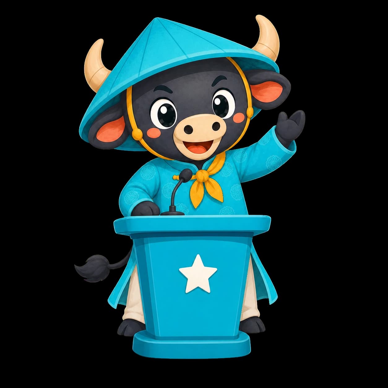 Thinkfy mascot, a friendly water buffalo debater, speaking at a podium